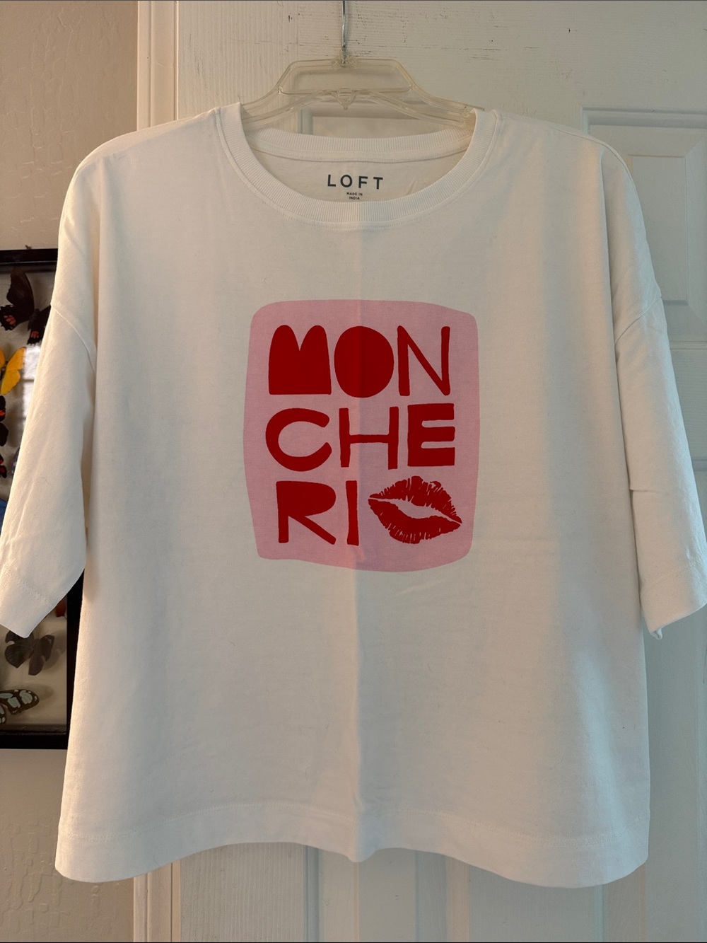 NEW! LOFT White Tee with Pink Block and Red 'Mon Cheri' Graphic